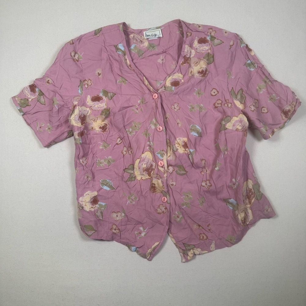 Vintage Laura Kieffer Pink Floral Rayon Button-Up Blouse | 90s Cottagecore Top